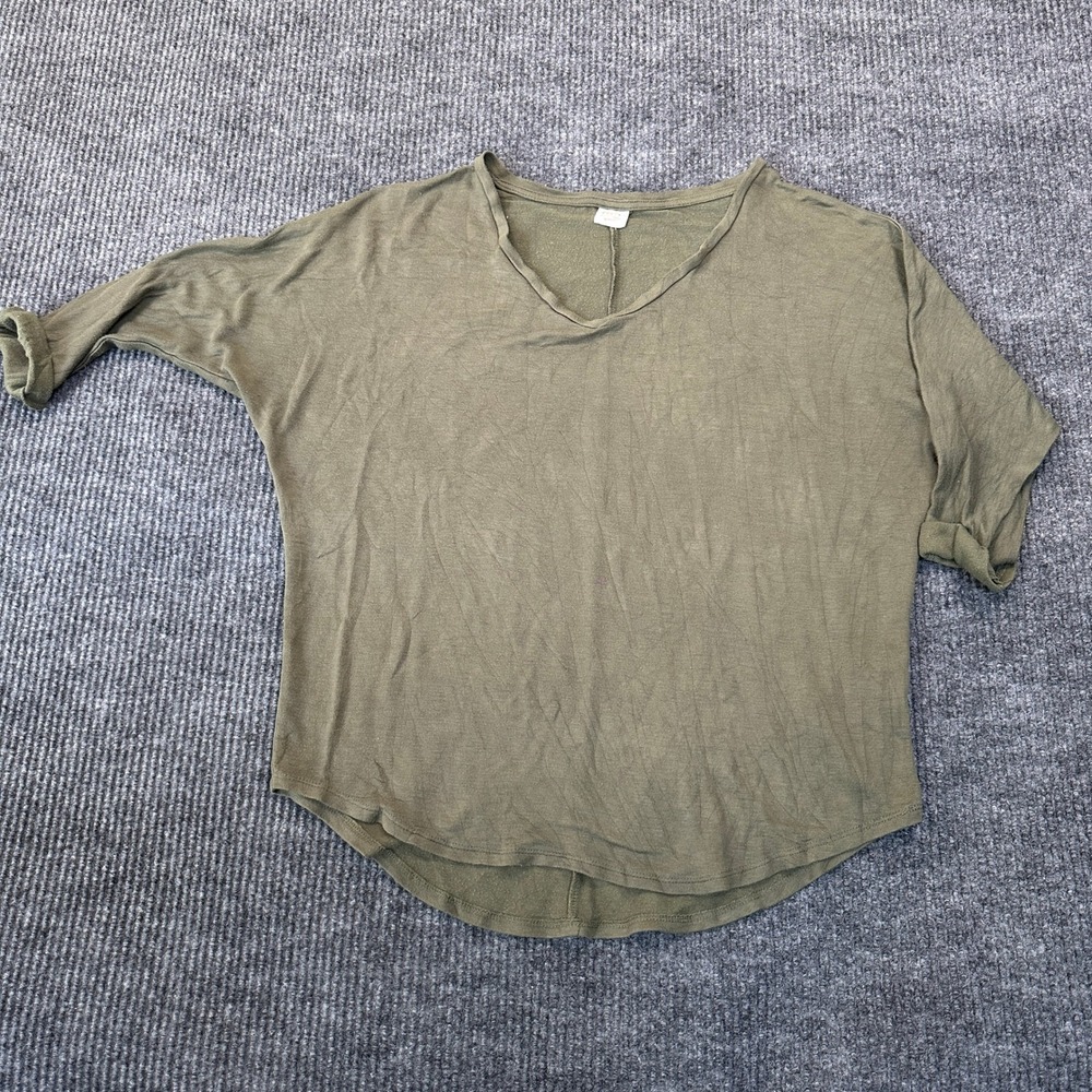 Tresics V-Neck Dolman Top Large Olive Green Relaxed Raw Edge Knit